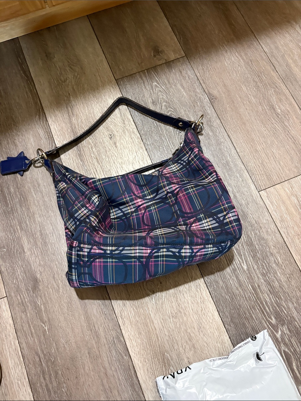 Coach Plaid Hobo Bag in Navy, Pink and Cream